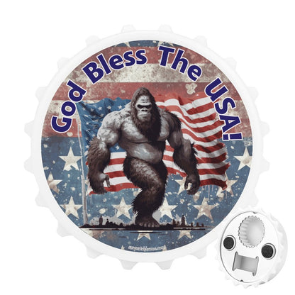 Bigfoot Sasquatch "God bless the USA", 3” Magnetic Can Opener / Coaster / Fridge Decor