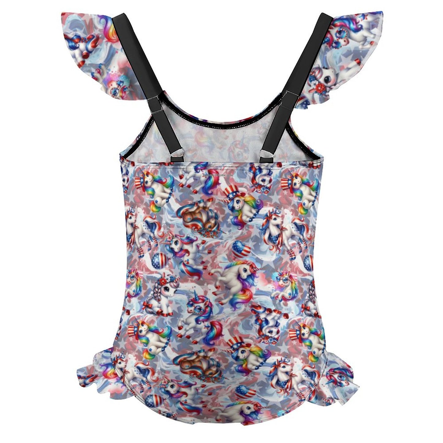 8 Patriot Designs, Girls One-Piece Summer Swimsuit, Ruffle Shoulder
