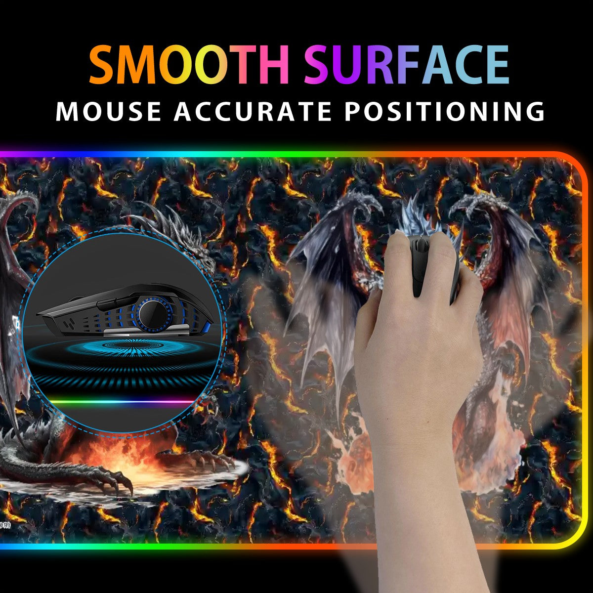Fire Dragons, Wireless Charging Gaming Mouse Pads / Mat With Lights - 2 Sizes