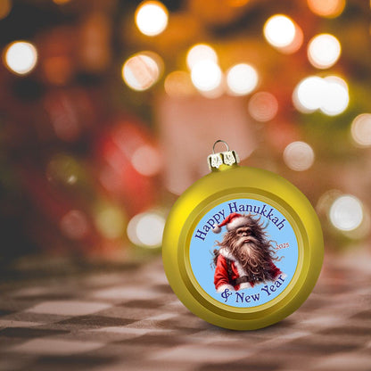 Bigfoot Sasquatch Santa, "Happy Hanukkah.." Christmas Ball Ornaments