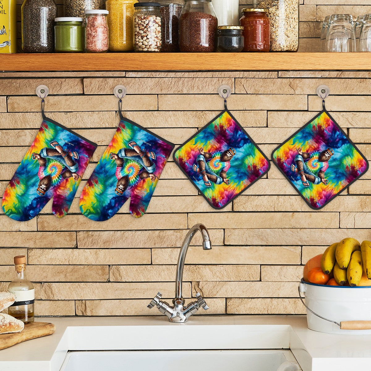 Hippie Bigfoot / Sasquatch, Zen, 4 Piece Oven Mitts / Pot Holder Sets