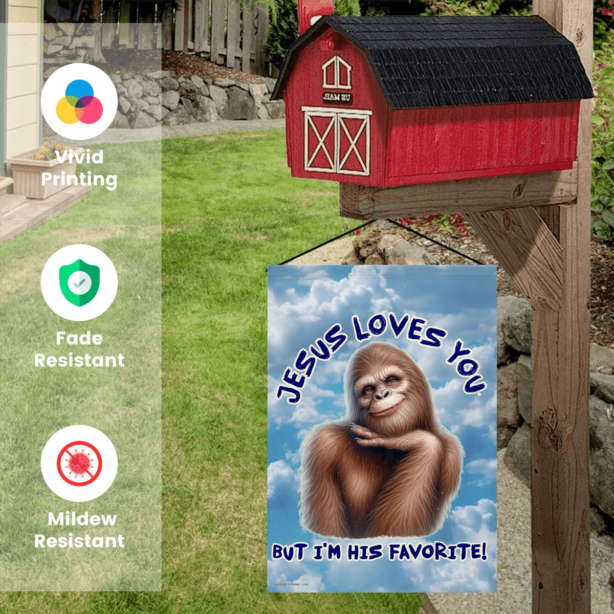 "Jesus Loves You.." Bigfoot Sasquatch Garden Flag 12"x18" (Made in USA)