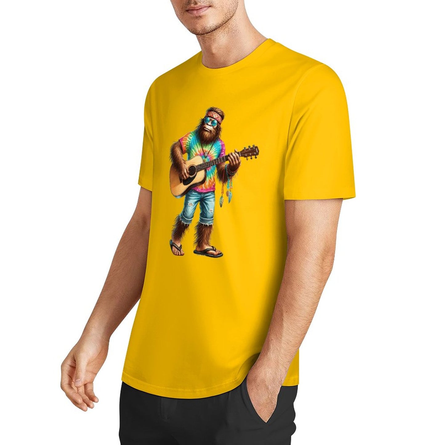 Bigfoot - Sasquatch Hippie Play Guitar Short Sleeve Cotton T-Shirt