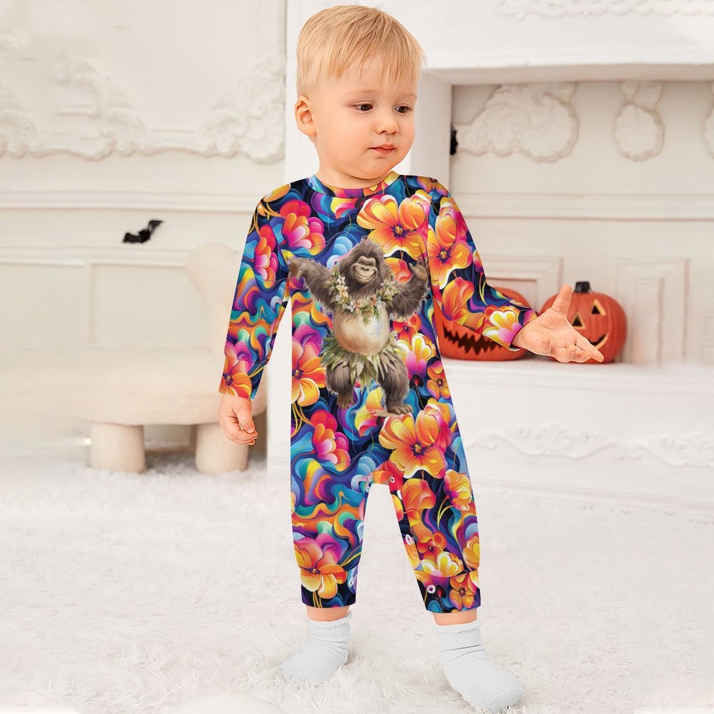 Hawaiian Dancing Bigfoot / Sasquatch, Long Sleeve Baby / Toddler Romper, Faux Cotton