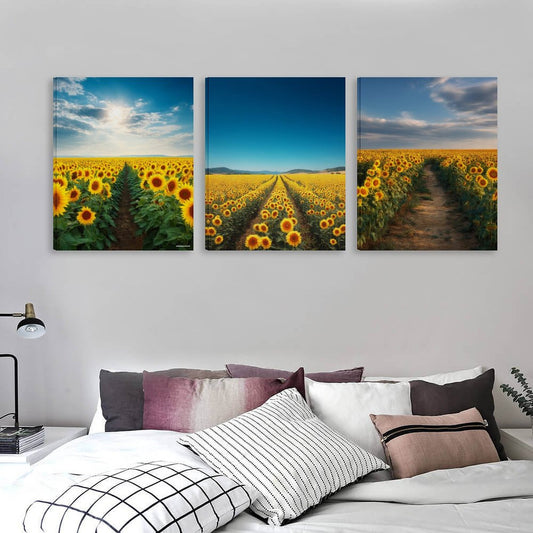 Sunflower Fields Canvas Wall Art -16”x 20” (x3) - Made In USA