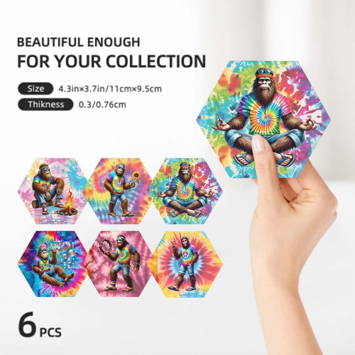 Hippie Bigfoot / Sasquatch, 6 Ceramic Coasters w metal stand