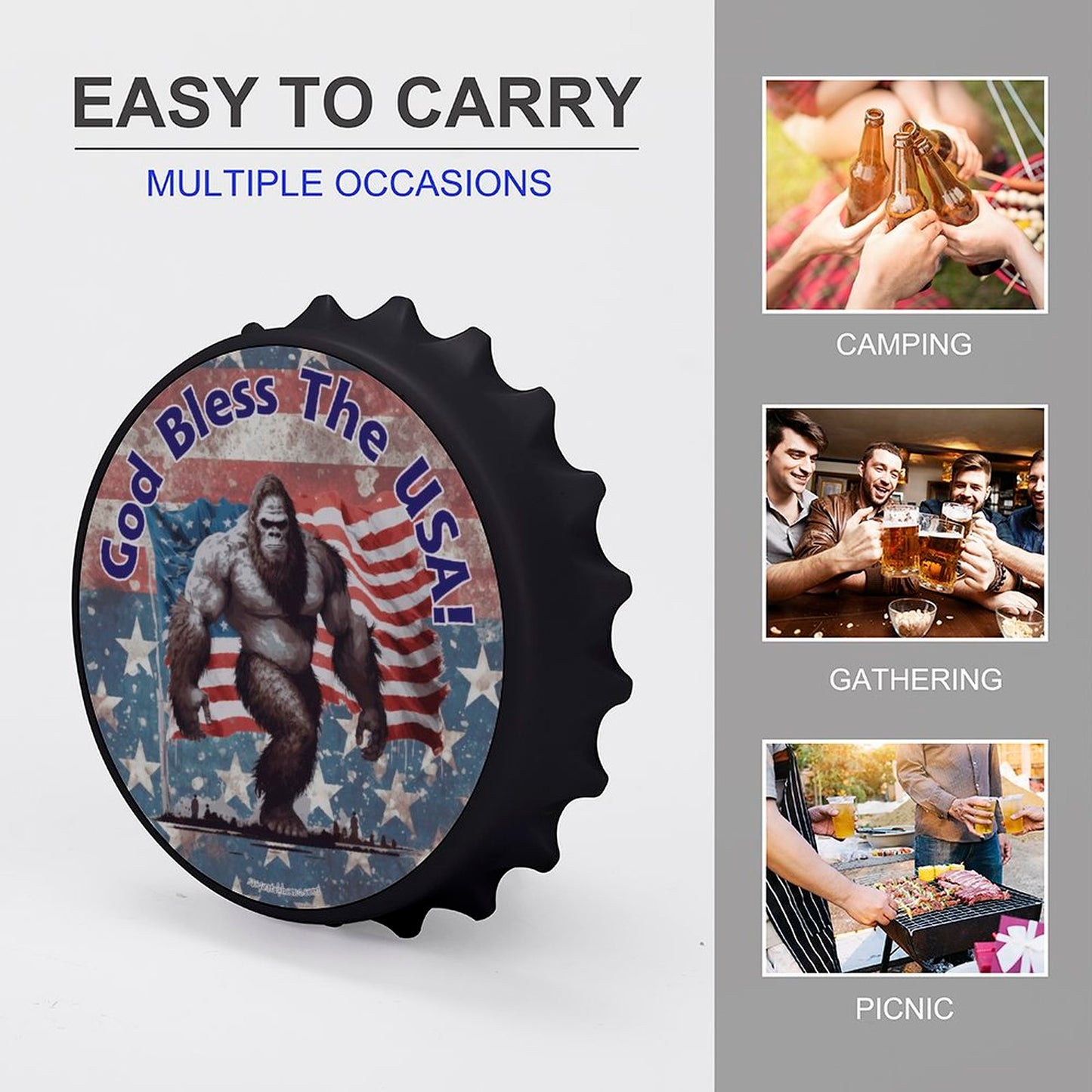 Bigfoot Sasquatch "God bless the USA", 3” Magnetic Can Opener / Coaster / Fridge Decor