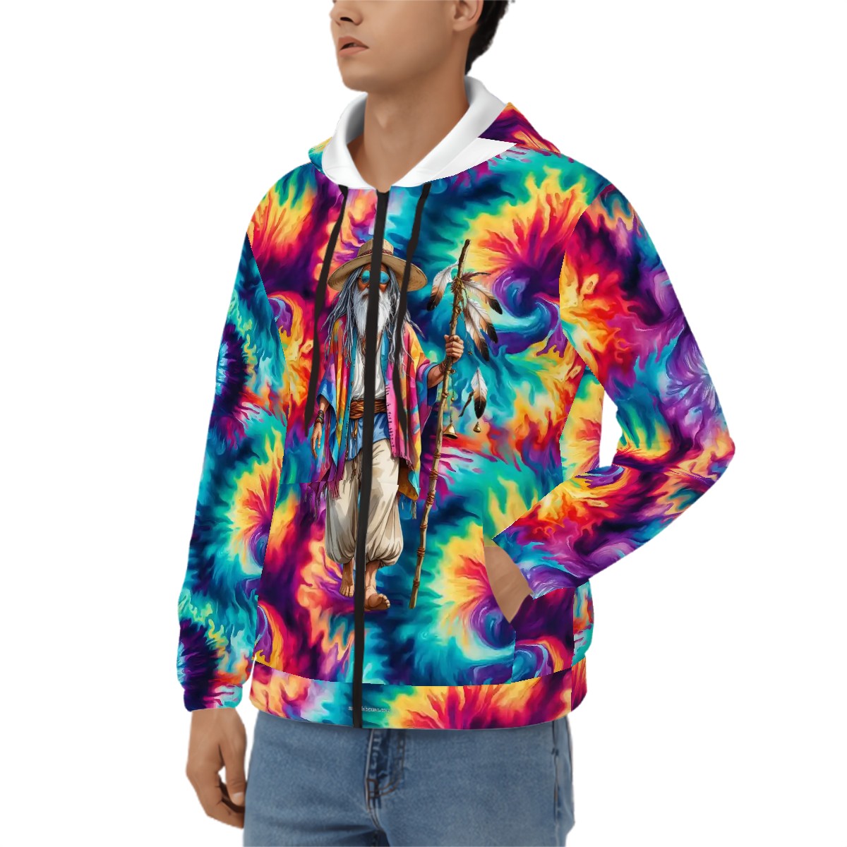Hippie Man on Tie Dye, Adult Zip Up Hoodie