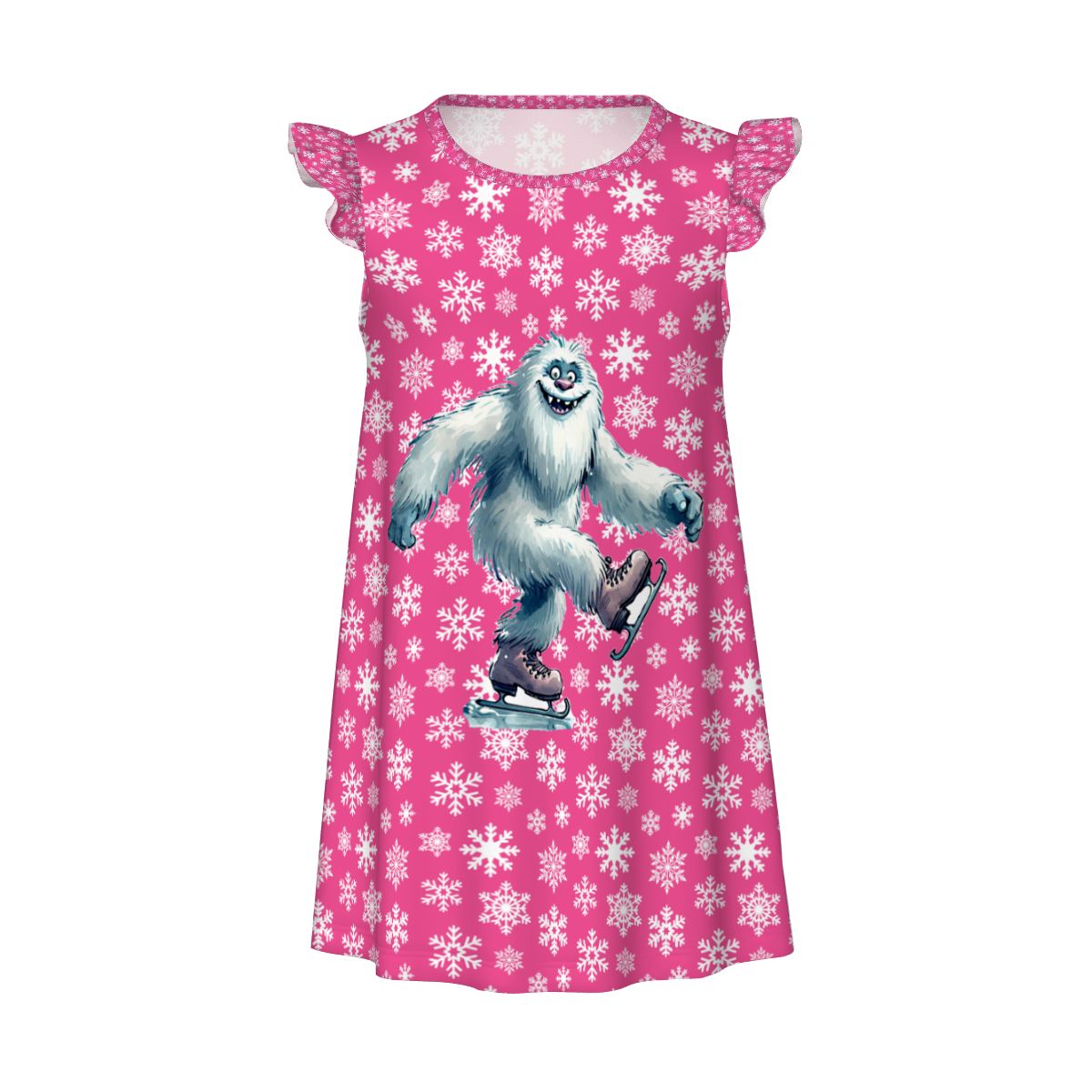 Yeti on Pink Snowflakes, Girl's Flutter Sleeve Nightgown