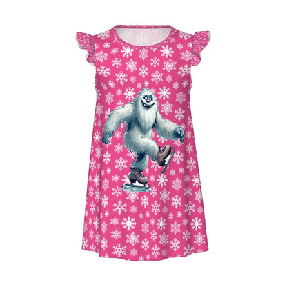 Yeti on Pink Snowflakes, Girl's Flutter Sleeve Nightgown