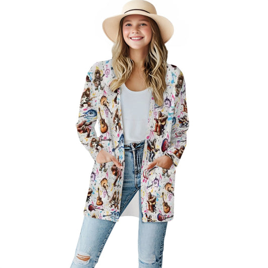 Bigfoot Sasquatch Playing Guitars, Women's Long-Sleeved Cardigan