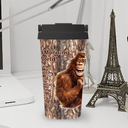 Bigfoot / Sasquatch "Good morning..", 17 oz Insulated Coffee Mug with Lid & Carrying Handle
