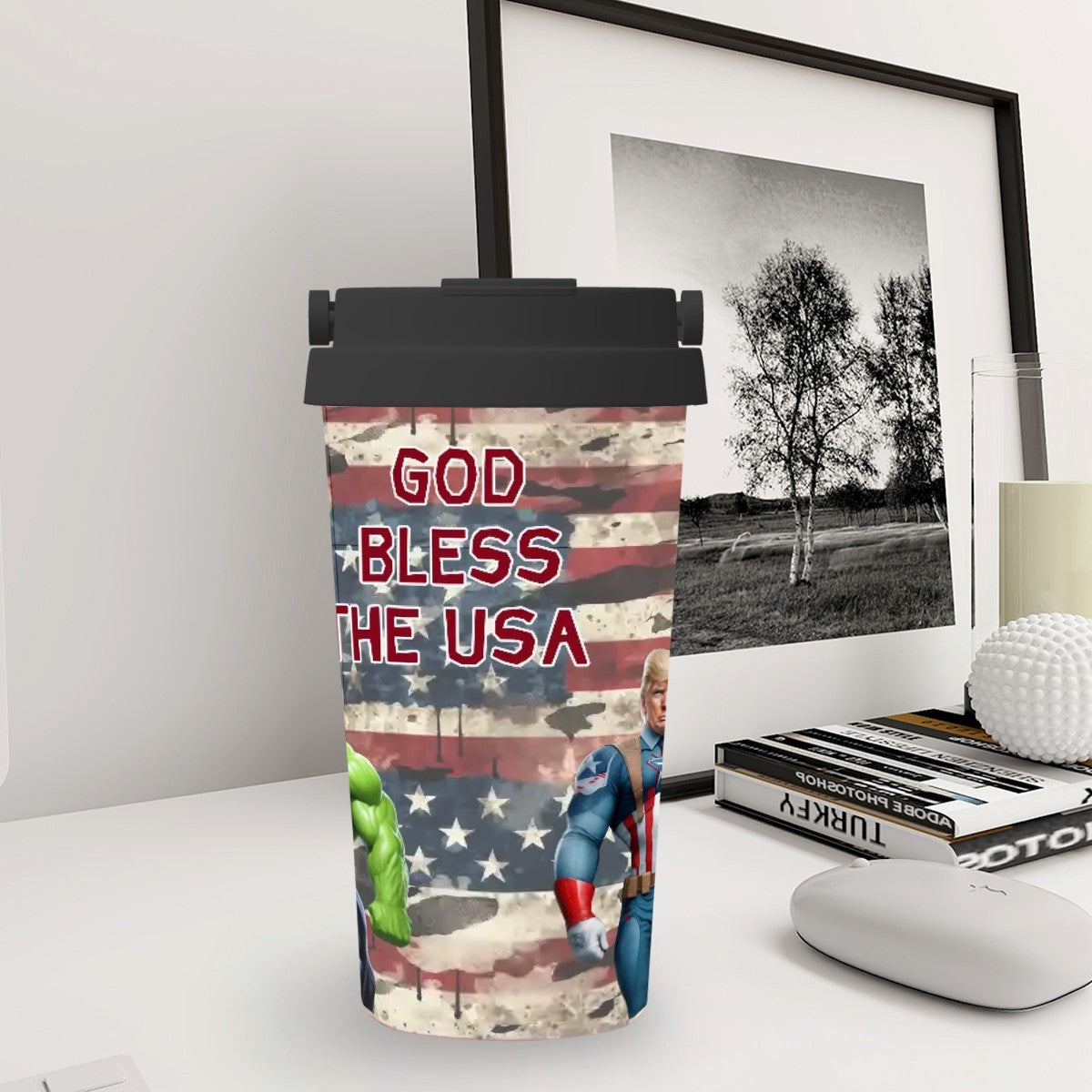 Donald Trump Superhero "God bless..",  17 oz Insulated Coffee Mug with Lid & Carrying Handle