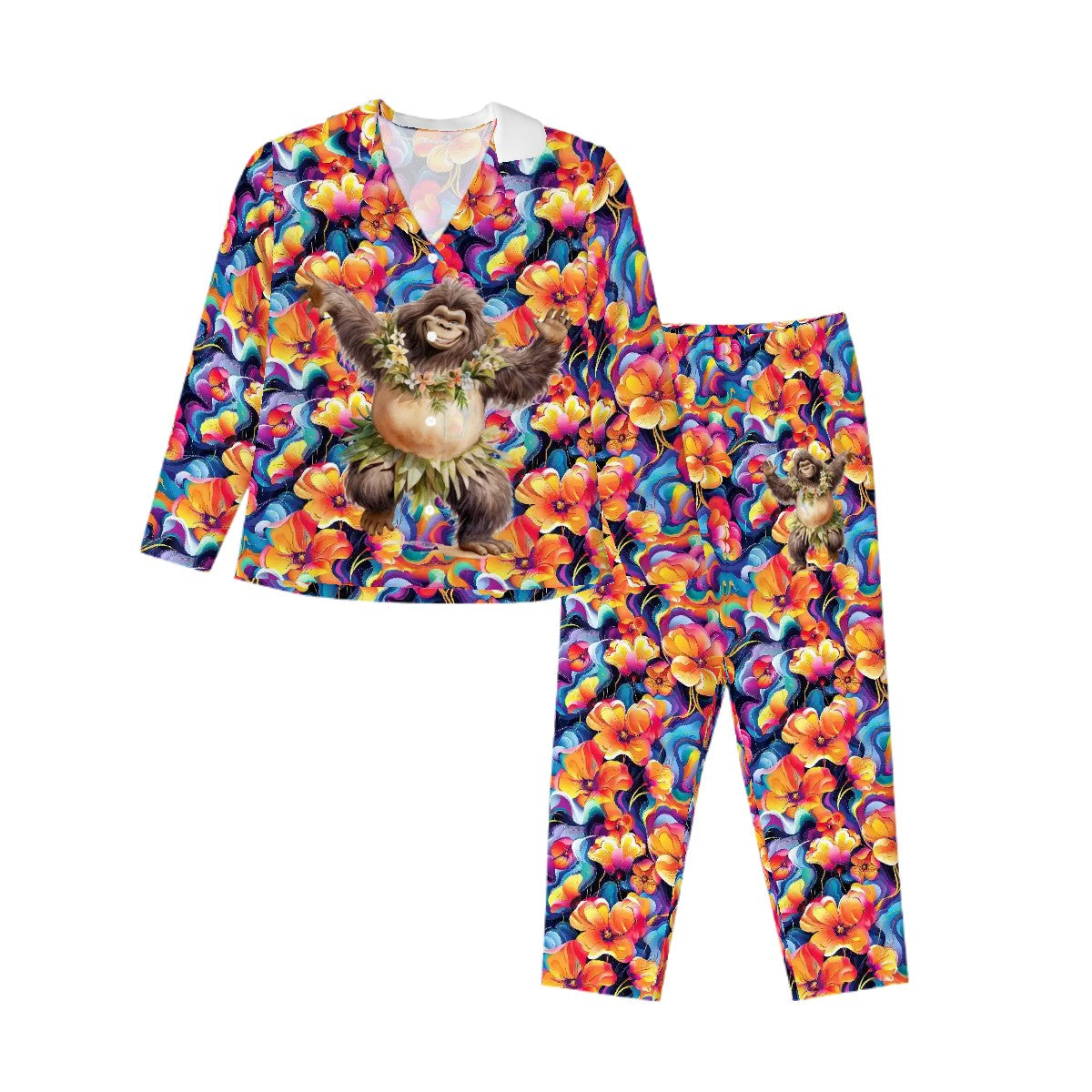 Hawaiian Bigfoot Sasquatch Dancing Women’s Long Sleeved Pajama Set