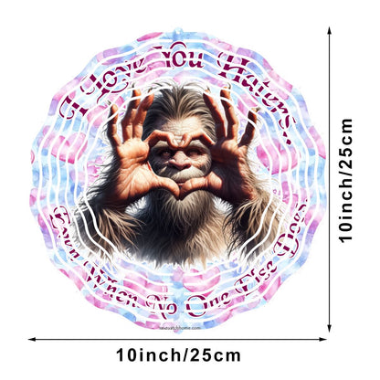 Bigfoot Sasquatch "I love you..", US Made Hanging Metal 3D Wind Spinner, Ornament