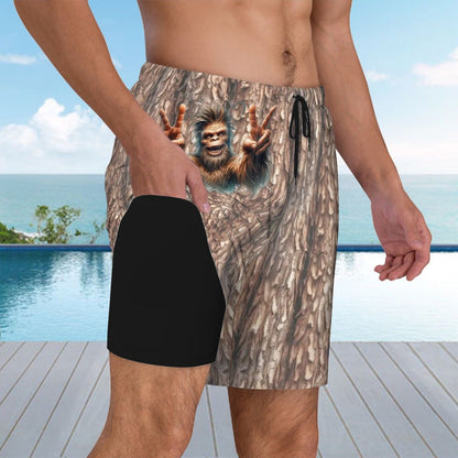 Double Peace Bigfoot, Sasquatch, Men Beach Shorts / Swim trunks with 4 Pockets