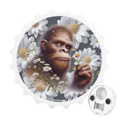 Bigfoot / Sasquatch Daisies, 3” Magnetic Can Opener / Coaster / Fridge Decor