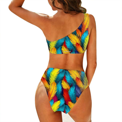 Rainbow Feathers, Women One Shoulder Bikini High Waist Swimsuit