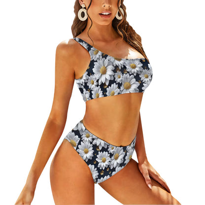 10 Beautiful Flower Designs, Women One Shoulder Bikini High Waist Swimsuit