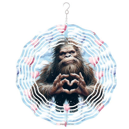 Heart Hand Bigfoot, Sasquatch, US Made Hanging Metal 3D Wind Spinner, Ornament