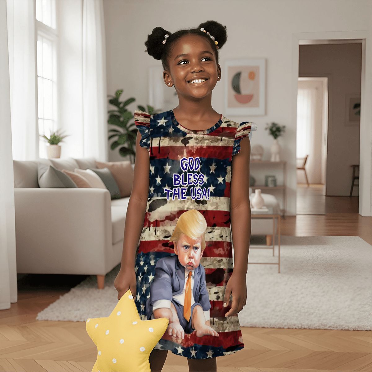 Baby Donald Trump "God bless..", Girl's Flutter Sleeve Nightgown