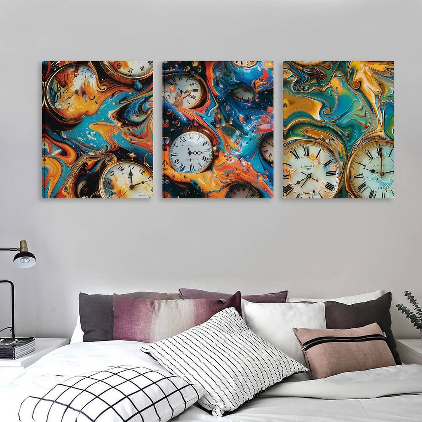 Psychedelic Clocks Canvas Wall Art -16”x 20” (x3) - Made In USA