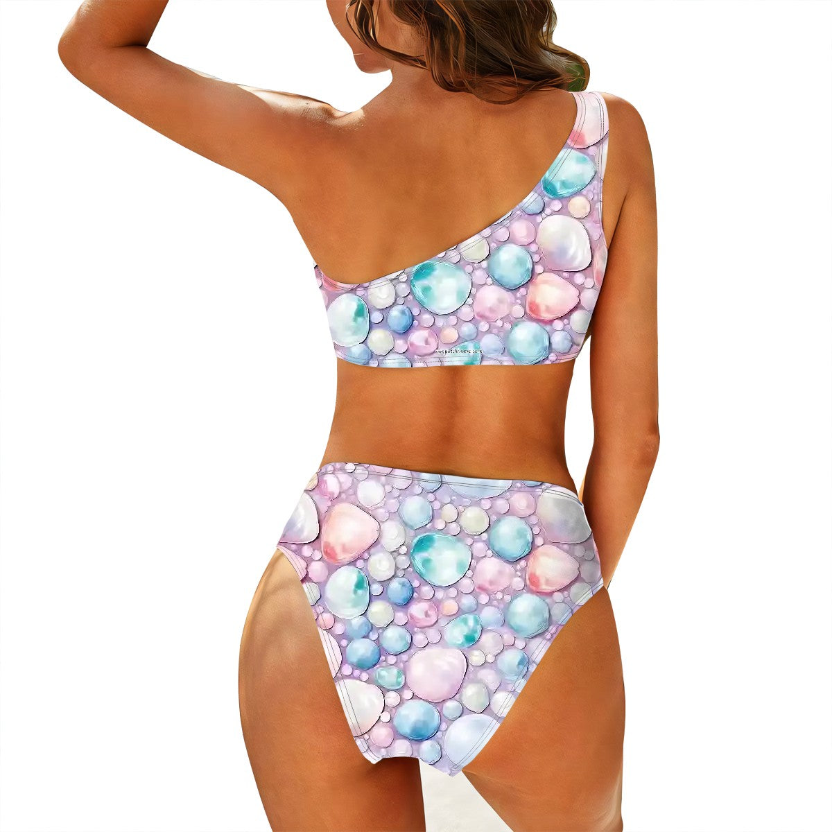 Colored Rainbow Stones, Women One Shoulder Bikini High Waist Swimsuit