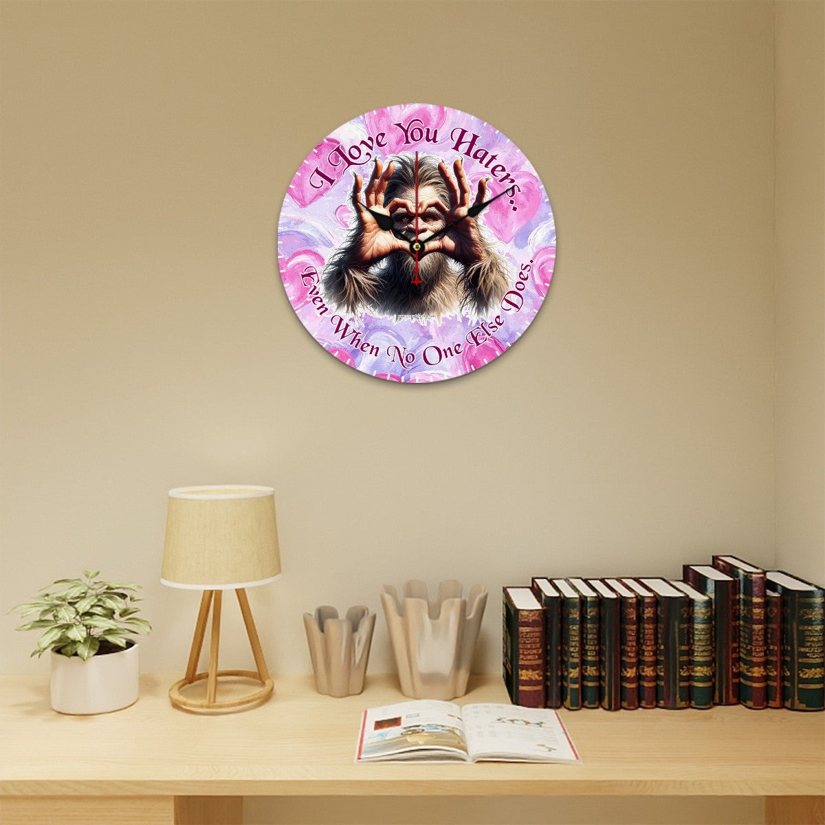 Bigfoot Sasquatch "I love you haters.." Wooden Wall Clock