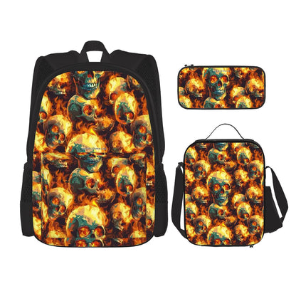 Flaming Skulls, 3 Piece Bag Set – Oxford Backpack, Lunch Bag, Pencil Pouch