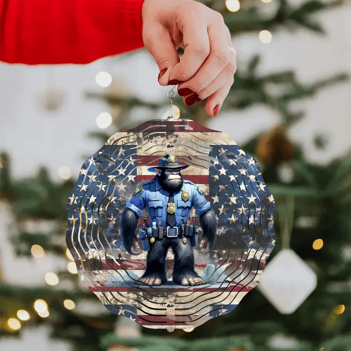 Bigfoot Sasquatch Police, US Made Hanging Metal 3D Wind Spinner, Ornament