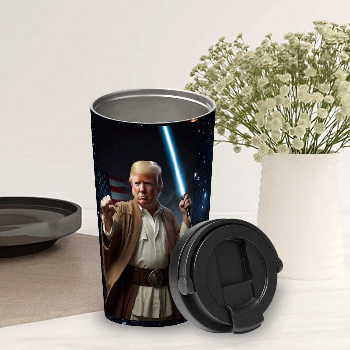 Donald Trump Jedi, 17 oz Insulated Coffee Mug with Lid & Carrying Handle