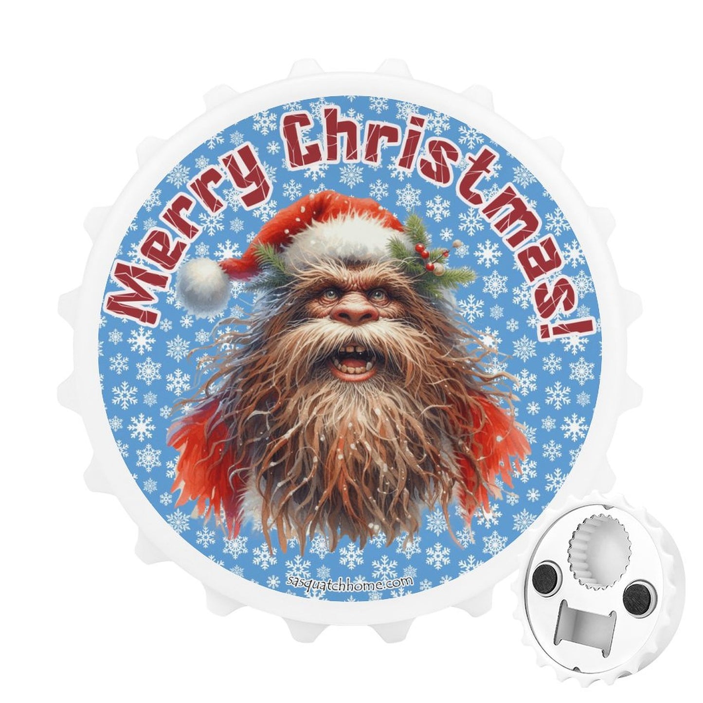 Bigfoot / Sasquatch Santa "Merry Christmas", 3” Magnetic Can Opener / Coaster / Fridge Decor