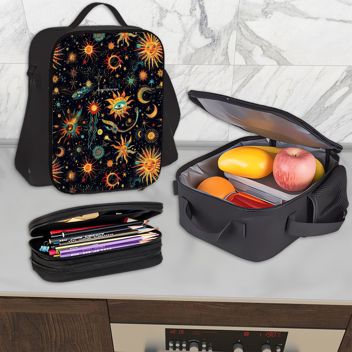 Astrology Designs, 3 Piece Bag Set – Oxford Backpack, Lunch Bag, Pencil Pouch