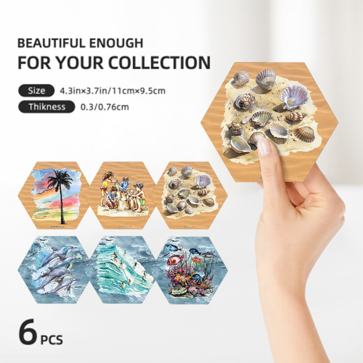 Beach Themed, 6 Ceramic Coasters w metal stand