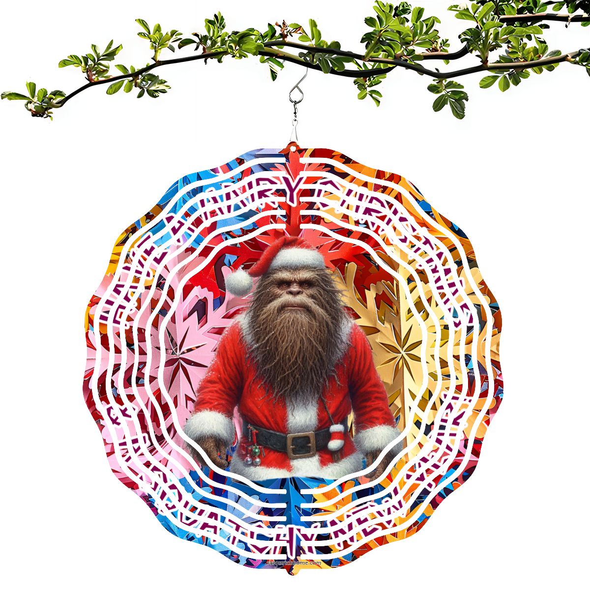 Santa Sasquatch, Bigfoot, US Made Hanging Metal 3D Wind Spinner, Ornament
