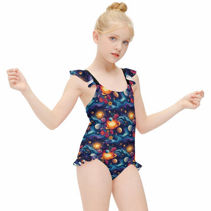 12 Outer Space Designs, Girls One-Piece Summer Swimsuit, Ruffle Shoulder