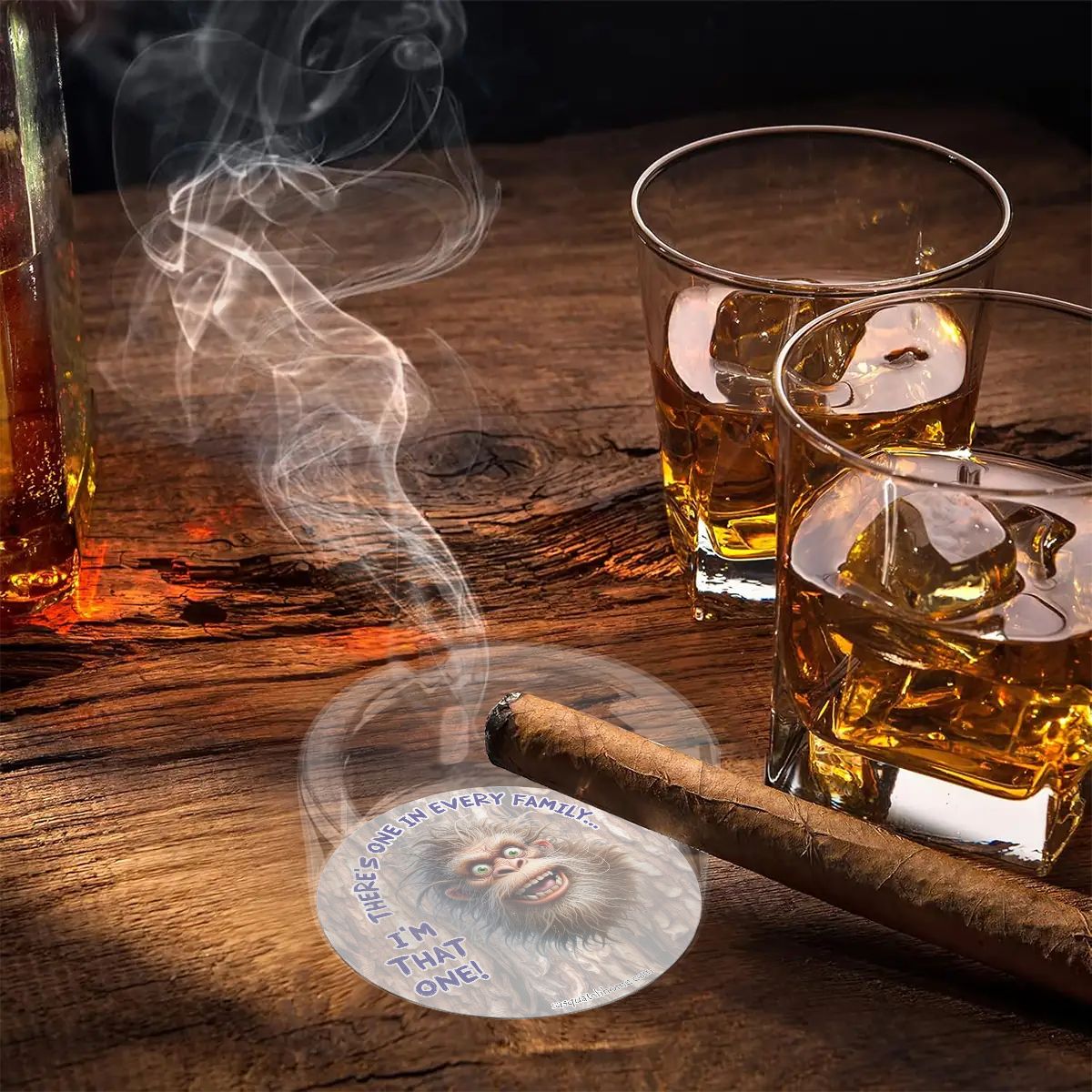 3 .3" Round, Lead Free Glass Ashtray - Bigfoot, Sasquatch "There's One In Every Family"