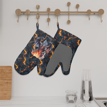 Set of 2 Silicone Heat Resistant Oven Mitts - Dragon on Lava