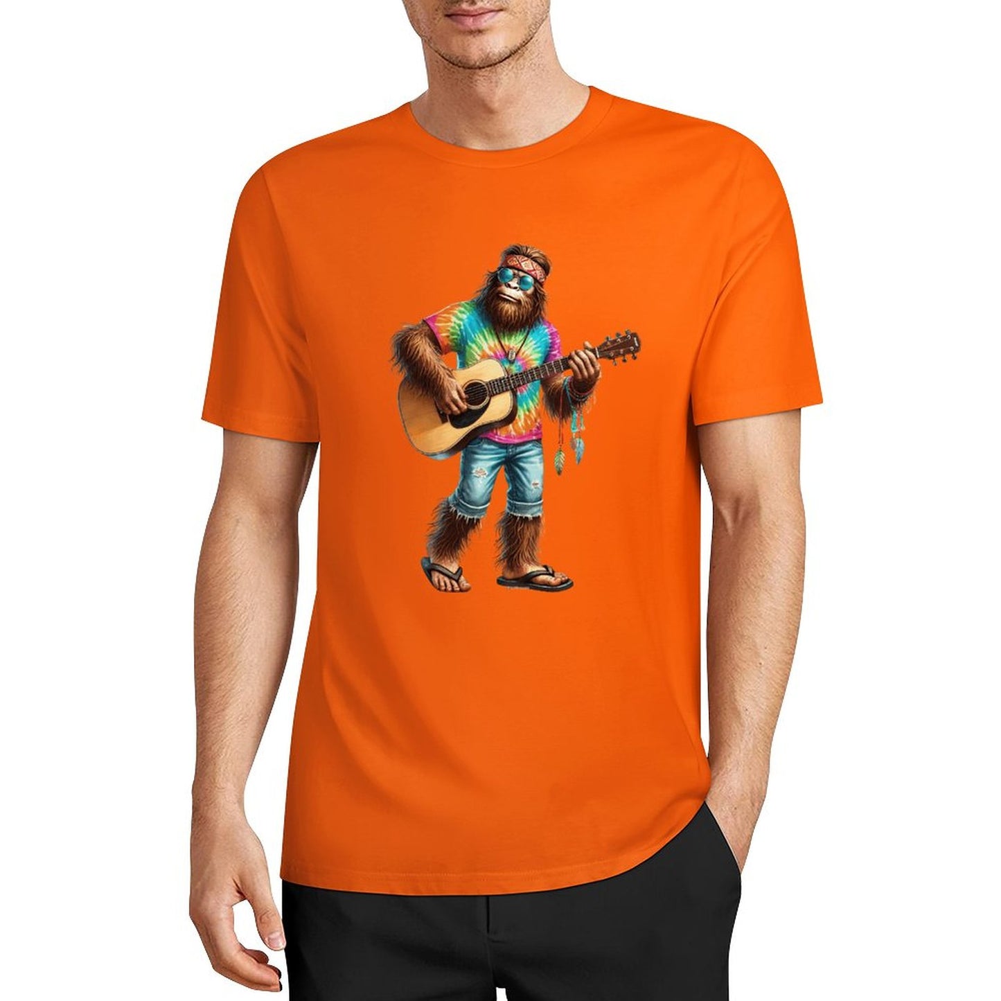 Bigfoot - Sasquatch Hippie Play Guitar Short Sleeve Cotton T-Shirt