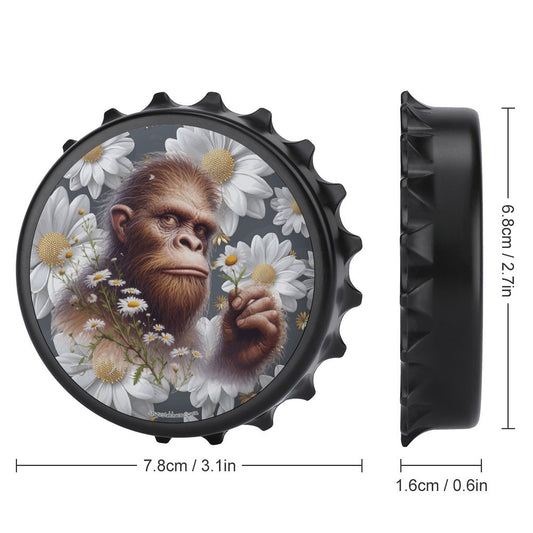 Bigfoot / Sasquatch Daisies, 3” Magnetic Can Opener / Coaster / Fridge Decor