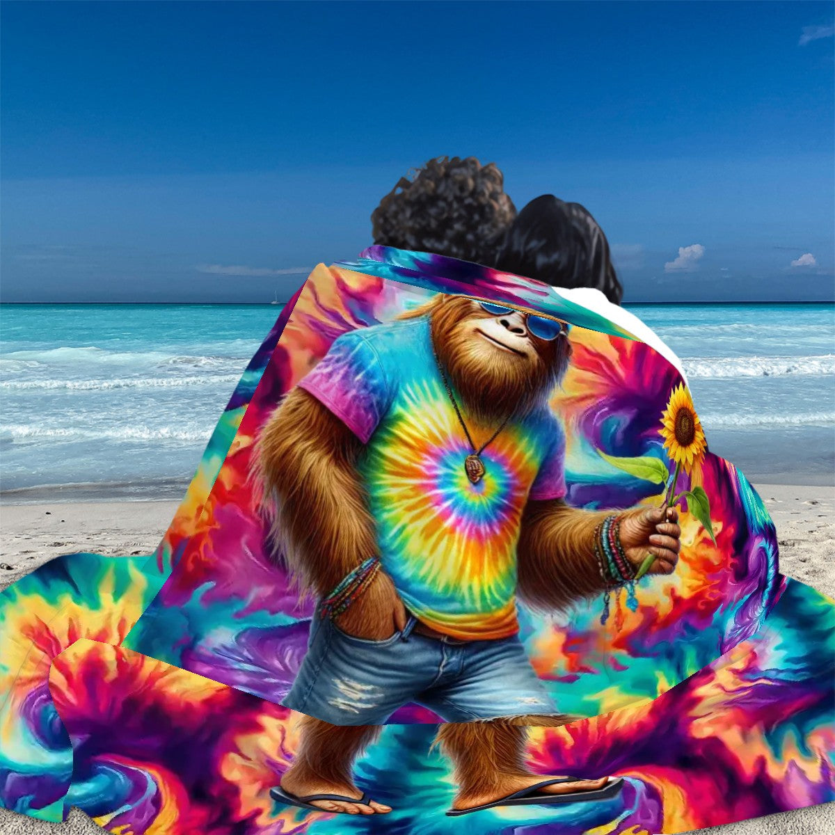 Hippie Bigfoot / Sasquatch on Tie Dye, Soft Flannel Blanket