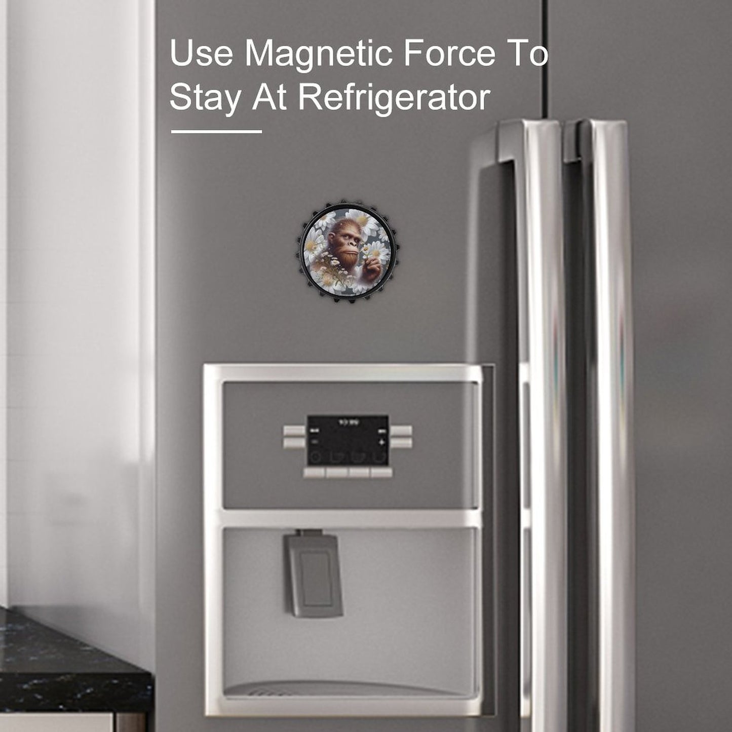 Bigfoot / Sasquatch Daisies, 3” Magnetic Can Opener / Coaster / Fridge Decor