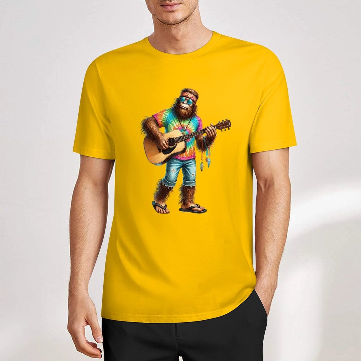 Bigfoot - Sasquatch Hippie Play Guitar Short Sleeve Cotton T-Shirt