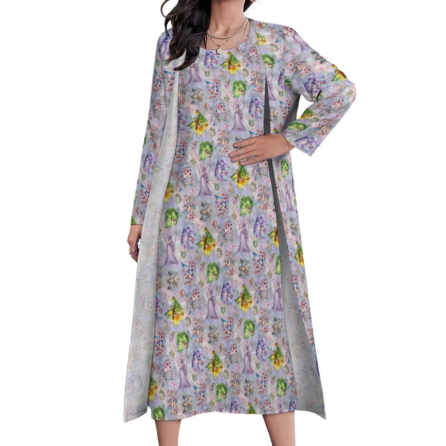 2 Piece Long Dress / Cardigan Set - Fairies