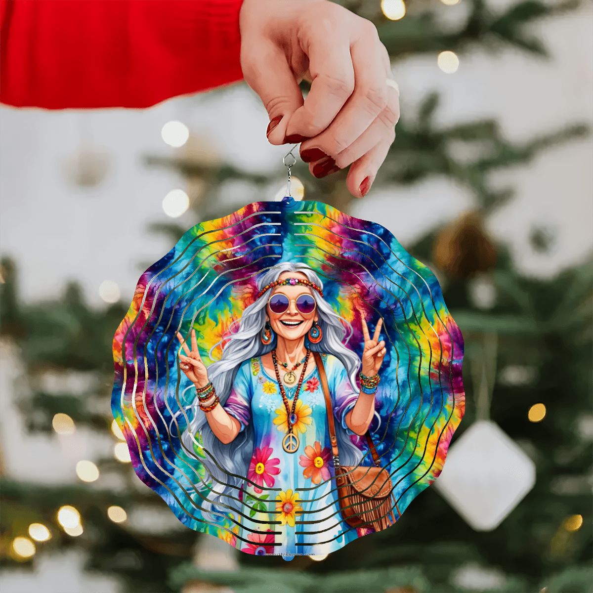Hippie Lady, US Made Hanging Metal 3D Wind Spinner, Ornament