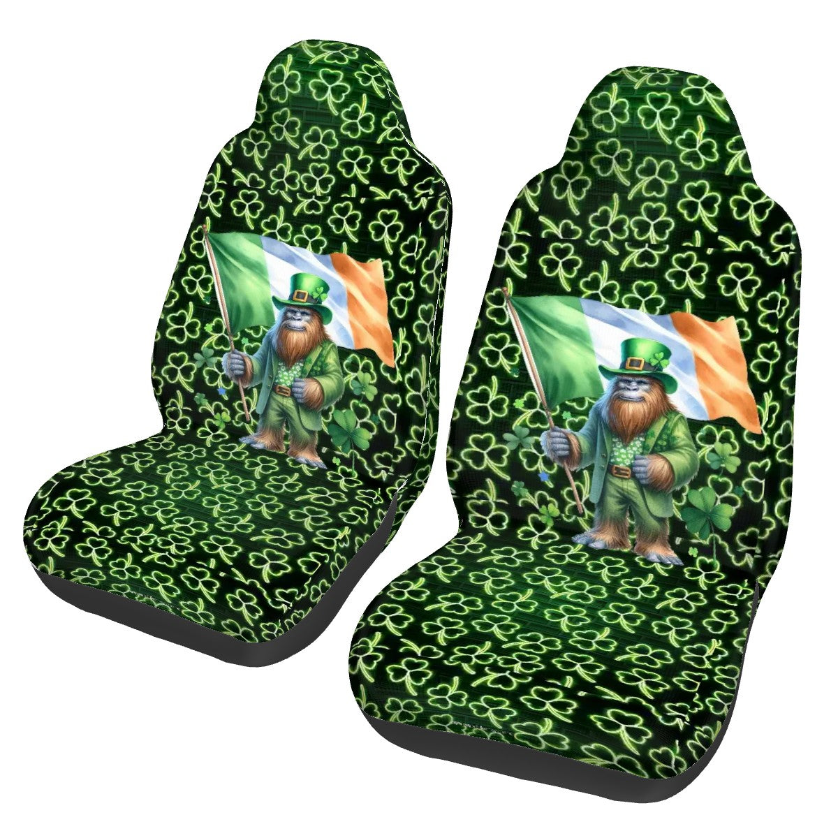 St Patrick Bigfoot / Sasquatch, Set of 2 Front Auto Seat Cover