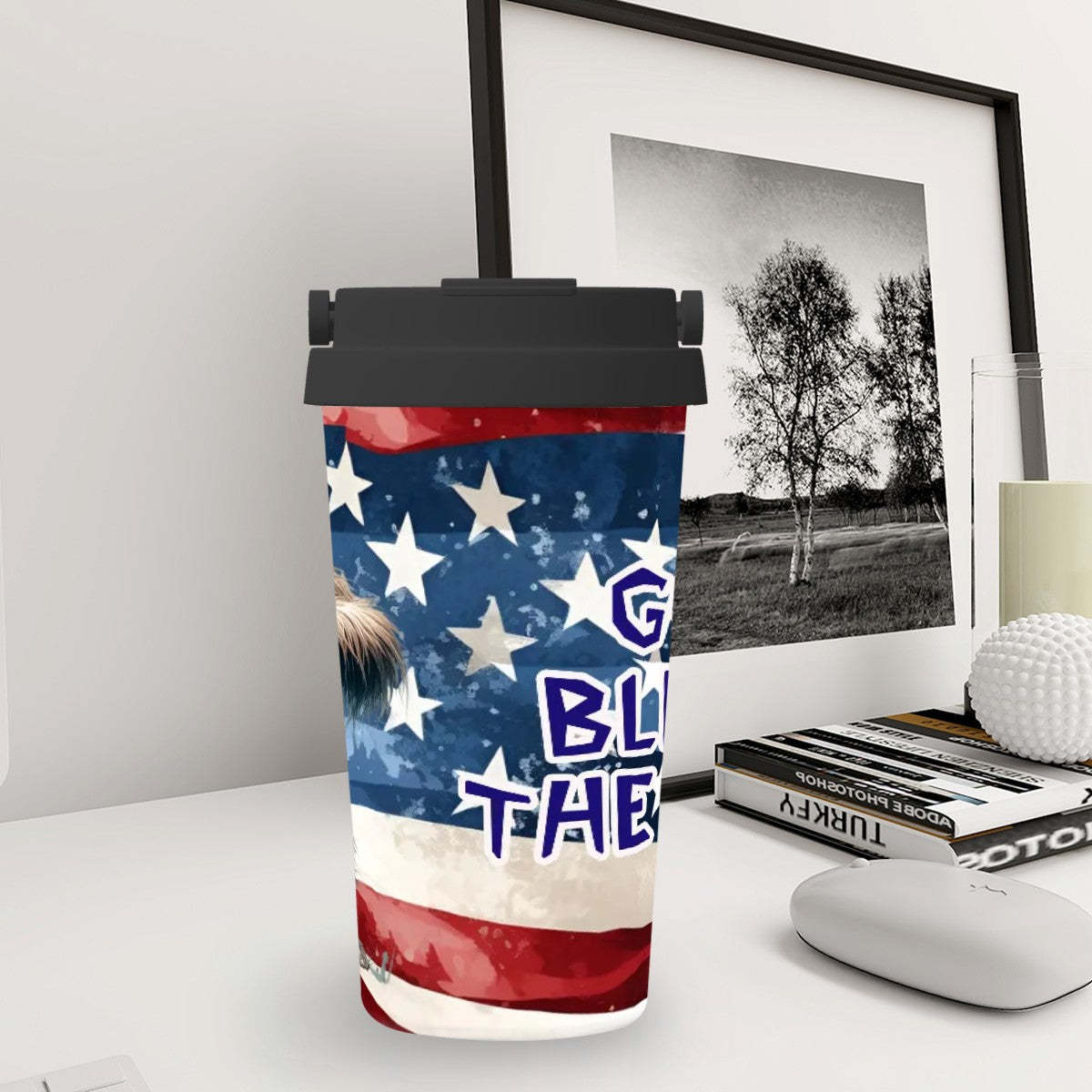 Bigfoot / Sasquatch "God bless the USA..", 17 oz Insulated Coffee Mug with Lid & Carrying Handle
