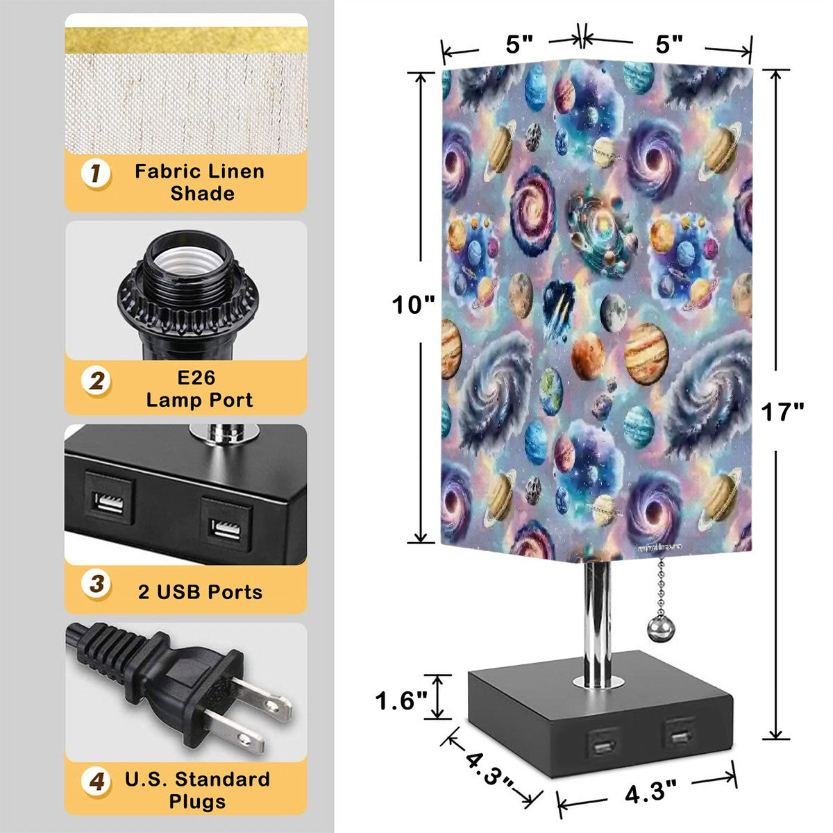 20 Misc Designs, Square Table Lamp with USB Ports, Charger