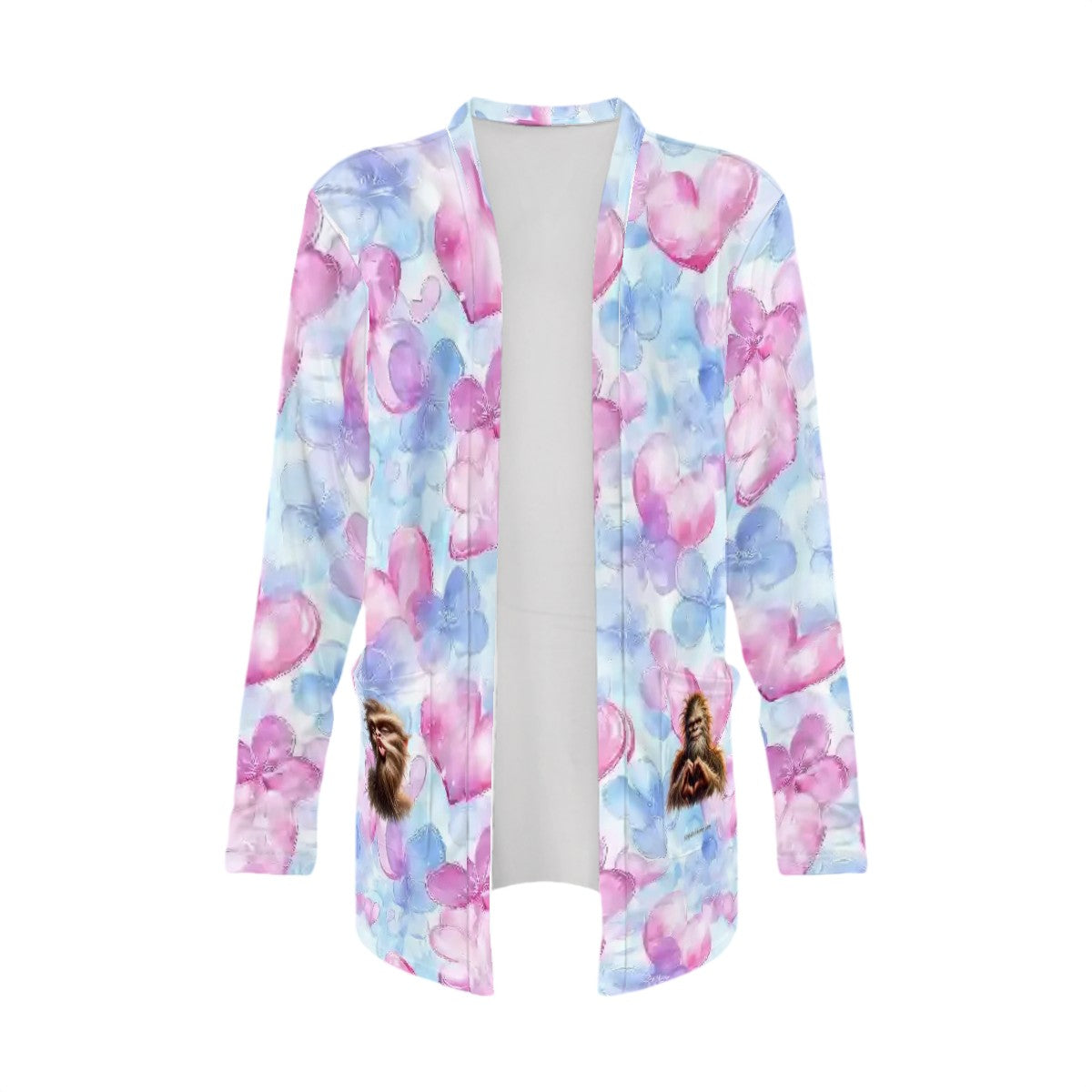 Bigfoot Sasquatch Love on Hearts, Women's Long-Sleeved Cardigan