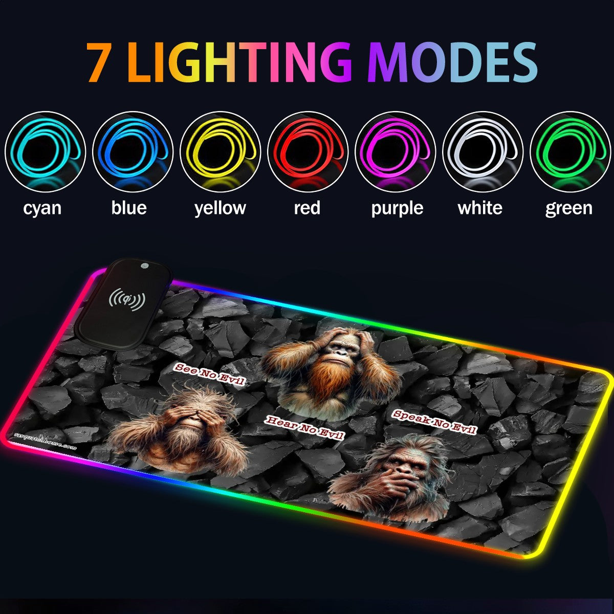Bigfoot / Sasquatch "See no evil..", Wireless Charging Gaming Mouse Pads / Mat With Lights - 2 Sizes